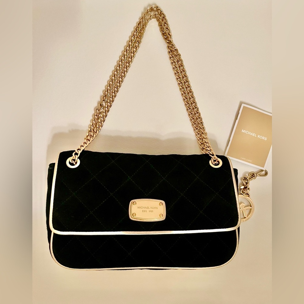 MICHAEL Michael Kors Black Gold Quilted Suede Jet Set Chain Flap Shoulder Bag